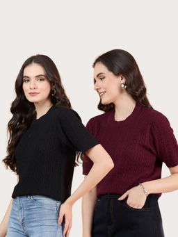 CLAPTON - Maroon Women Self Design Round Neck T-Shirts (Pack of 2)