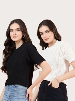 CLAPTON - White Women Self Design Round Neck T-Shirts (Pack of 2)