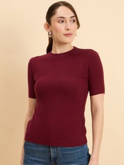 CLAPTON - Women Knitted Round Neck T-Shirt Maroon