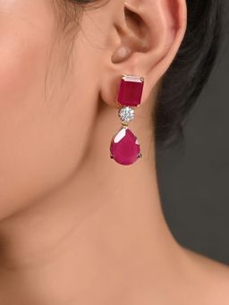 Ratnavali Jewels - American Diamond CZ Gold Plated Red Dangle Drop Earrings