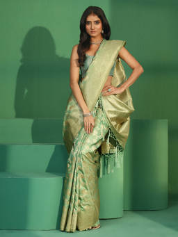 Libas - Women Green Woven Silk Blend Saree with Unstitched Blouse