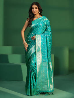 Libas - Women Green Woven Silk Blend Saree with Unstitched Blouse