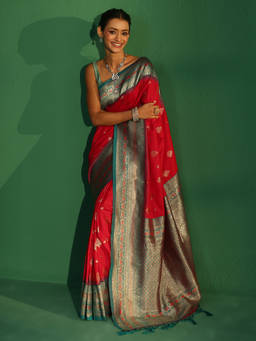 Libas - Women Red Woven Silk Blend Saree with Unstitched Blouse