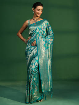 Libas - Women Green Woven Silk Blend Saree with Unstitched Blouse