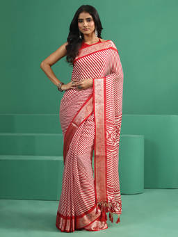 Libas - Women Red Woven Chiffon Saree with Unstitched Blouse