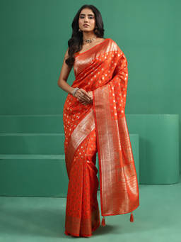 Libas - Women Orange Woven Silk Blend Saree with Unstitched Blouse