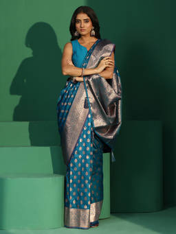 Libas - Women Blue Woven Silk Blend Saree with Unstitched Blouse