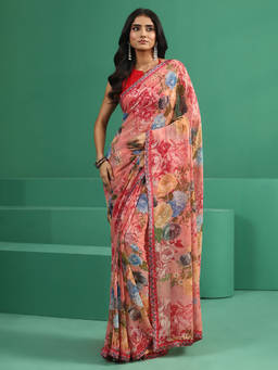 Libas - Women Peach Floral Georgette Saree with Unstitched Blouse