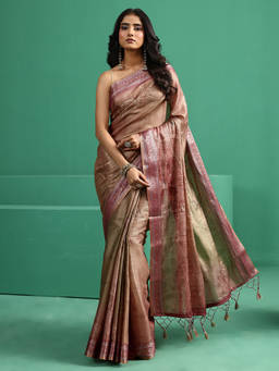 Libas - Women Beige Woven Silk Blend Saree with Unstitched Blouse