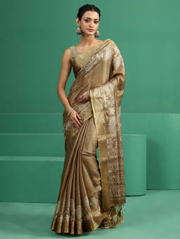 Libas - Women Green Woven Silk Blend Saree with Unstitched Blouse