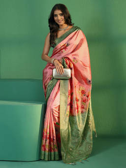 Libas - Women Pink Woven Silk Blend Saree with Unstitched Blouse