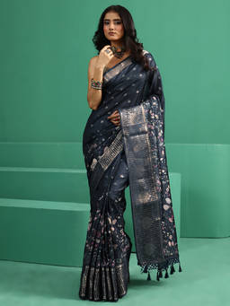Libas - Women Blue Woven Silk Blend Saree with Unstitched Blouse