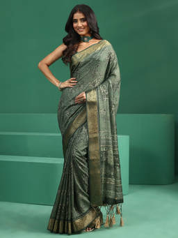 Libas - Women Green Woven Silk Blend Saree with Unstitched Blouse