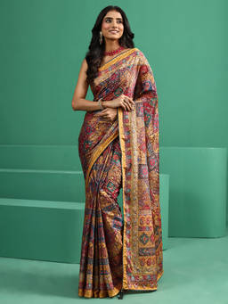 Libas - Women Multi-Color Printed Satin Saree with Unstitched Blouse
