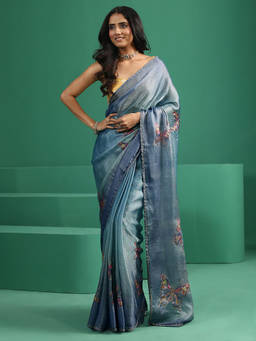 Libas - Women Blue Printed Chiffon Saree with Unstitched Blouse