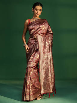 Libas - Women Red Woven Brocade Saree with Unstitched Blouse