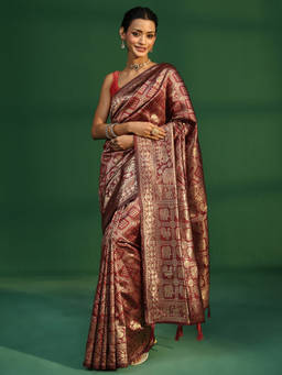 Libas - Women Red Woven Brocade Saree with Unstitched Blouse