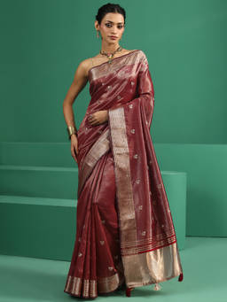 Libas - Women Maroon Woven Tissue Saree with Unstitched Blouse