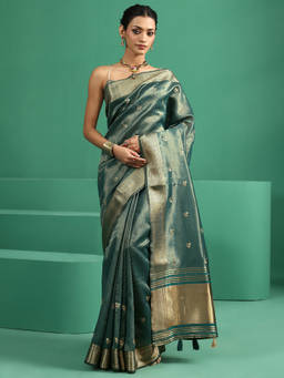 Libas - Women Green Woven Tissue Saree with Unstitched Blouse