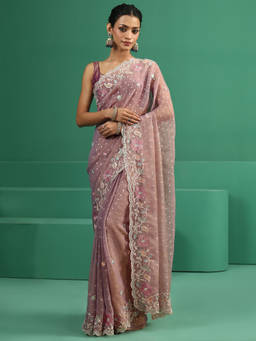 Libas - Women Lavender Embroidered Tissue Saree with Unstitched Blouse