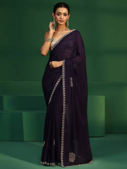 Libas - Women Purple Embellished & Sequined Silk Blend Saree with Unstitched Blouse