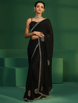 Libas - Women Black Embellished & Sequined Silk Blend Saree with Unstitched Blouse