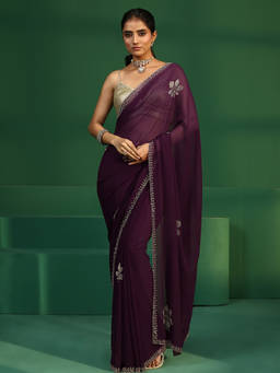 Libas - Women Burgundy Embellished & Sequined Georgette Saree with Unstitched Blouse
