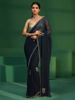 Libas - Women Navy Blue Embellished & Sequined Georgette Saree with Unstitched Blouse