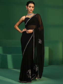 Libas - Women Black Embellished & Sequined Georgette Saree with Unstitched Blouse