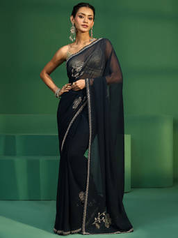 Libas - Women Teal Embellished & Sequined Georgette Saree with Unstitched Blouse