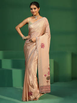 Libas - Women Cream Embellished & Sequined Satin Saree with Unstitched Blouse