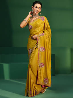 Libas - Women Mustard Embellished & Sequined Satin Saree with Unstitched Blouse