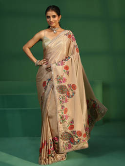 Libas - Women Cream Embellished & Sequined Satin Saree with Unstitched Blouse