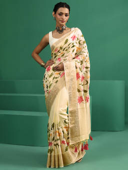 Libas Art - Women Off White Woven Silk Blend Saree with Unstitched Blouse