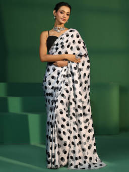 Libas - Women White Polka Dots Tissue Saree with Unstitched Blouse