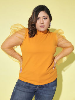 Buynewtrend - Yellow Plus Size Carrera Plain Net Top For Women