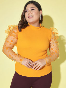 Buynewtrend - Yellow Plus Size Carrera Self Design Net Top For Women