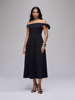 Twenty Dresses by Nykaa Fashion - Black Lycra Solid Off Shoulder Fit and Flare Midi Dress