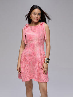 Twenty Dresses by Nykaa Fashion - Orange Checks Boat Neck Tie Up Shoulders Gathered Mini Dress