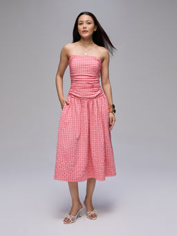 Twenty Dresses by Nykaa Fashion - Orange Checks Tube Neck Fit And Flare Midi Dress