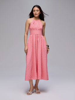 Twenty Dresses by Nykaa Fashion - Orange Checks Halter Neck Fit And Flare Maxi Dress