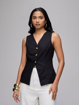Twenty Dresses by Nykaa Fashion - Black Twill V-Neck Front Cut Detail Long Waistcoat