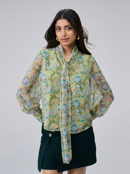 Twenty Dresses by Nykaa Fashion - Green Floral Chiffon Tie Up Full Sleeves Cuff Detail Shirt