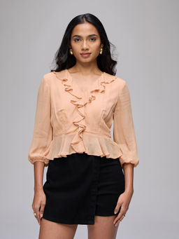 Twenty Dresses by Nykaa Fashion - Peach Chiffon V-Neck Puff Sleeves Ruffle Detail Peplum Top