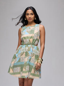 Twenty Dresses by Nykaa Fashion - Green Cambric Printed Gathered Cut Out Detail Mini Dress