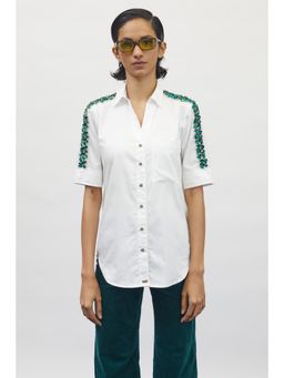 Pallavi Swadi - White Swarovski Emerald Ribbon Shirt