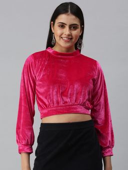 SHOWOFF - Women High Neck Full Sleeves Solid Pink Crop Top
