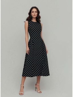 Twenty Dresses by Nykaa Fashion - Polka Dot Print Crepe Fit & Flare Black Midi Dress