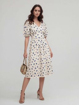 Twenty Dresses by Nykaa Fashion - Blue Floral Print Puff Sleeve Fit & Flare Dress