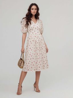 Twenty Dresses by Nykaa Fashion - Pink Floral Print Puff Sleeve Fit & Flare Dress
